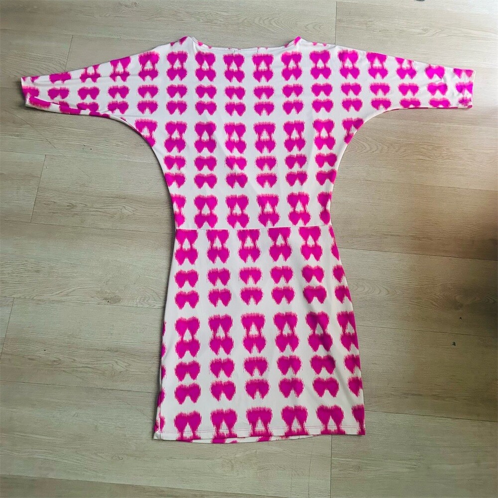 BCBGMAXAZRIA Dress Womens Size M Pink White Abstract Knot Front Shift - Picture 8 of 10